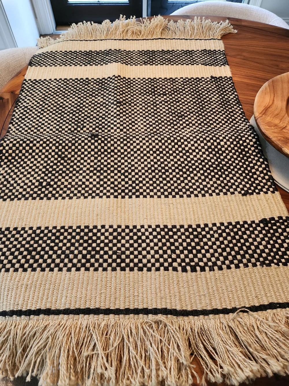 Handwoven Fringe Area Rug - Black & Cream